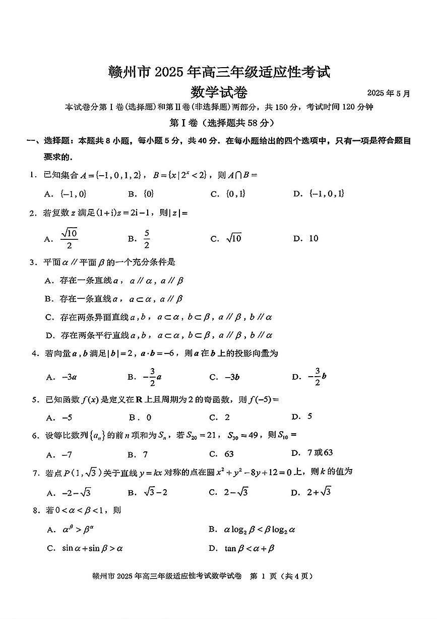 2025届江西省赣州市高三二模数学试题（高考模拟）第1页