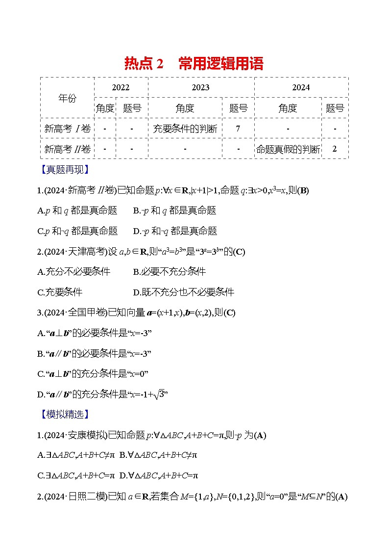 2025版高考热点题型与考点专练数学热点2常用逻辑用语试题（Word版附答案）第1页
