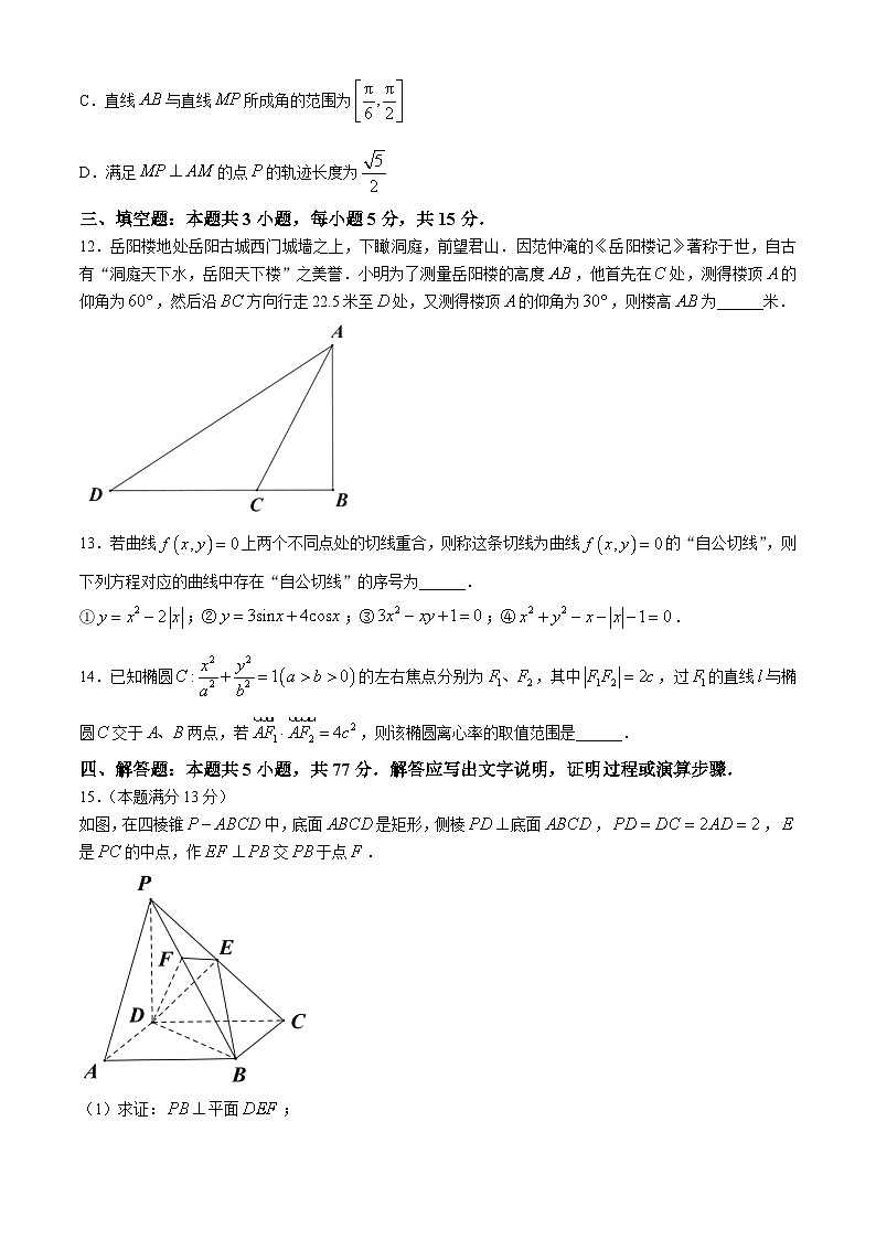 2024届湖南省岳阳市高三下学期第二次教学质量监测（岳阳二模）数学试卷（含答案）第3页