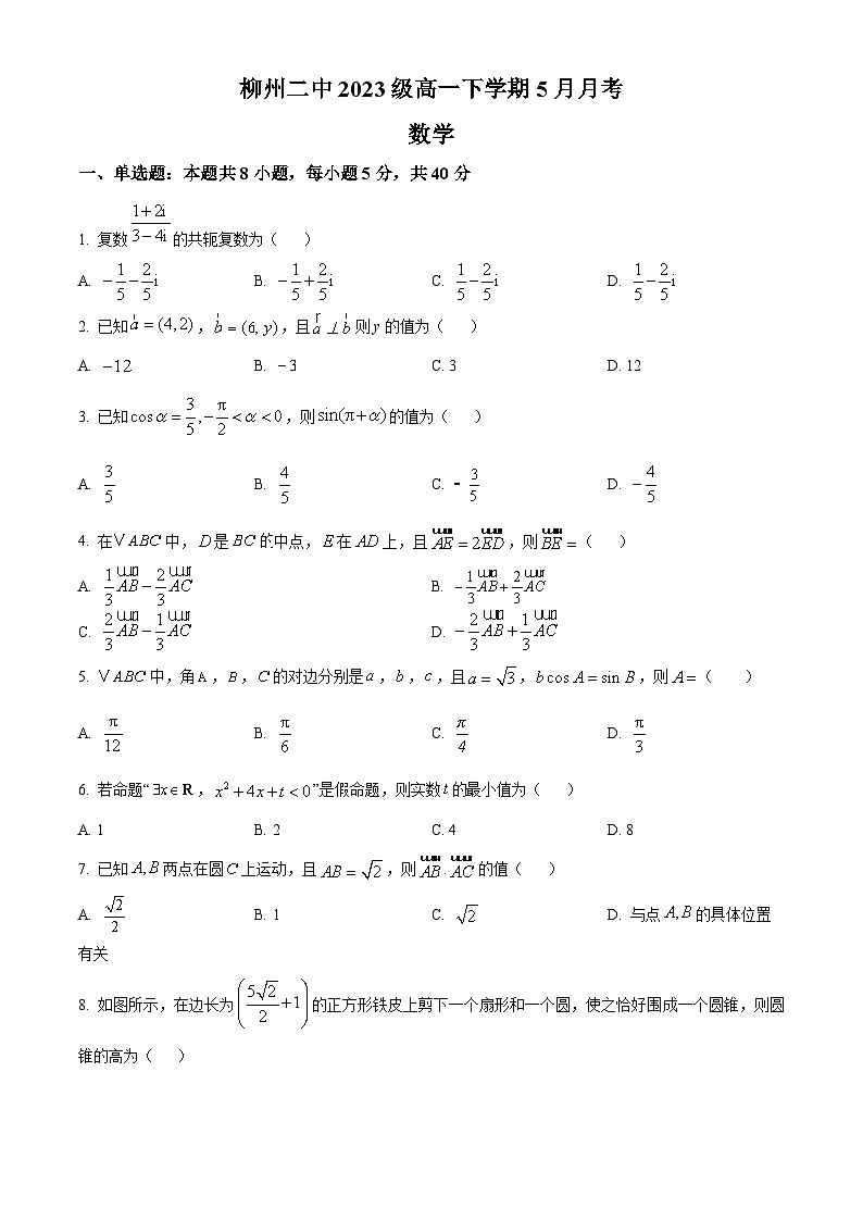 广西柳州市第二中学2023-2024学年高一下学期5月月考数学试题（原卷版+解析版）第1页