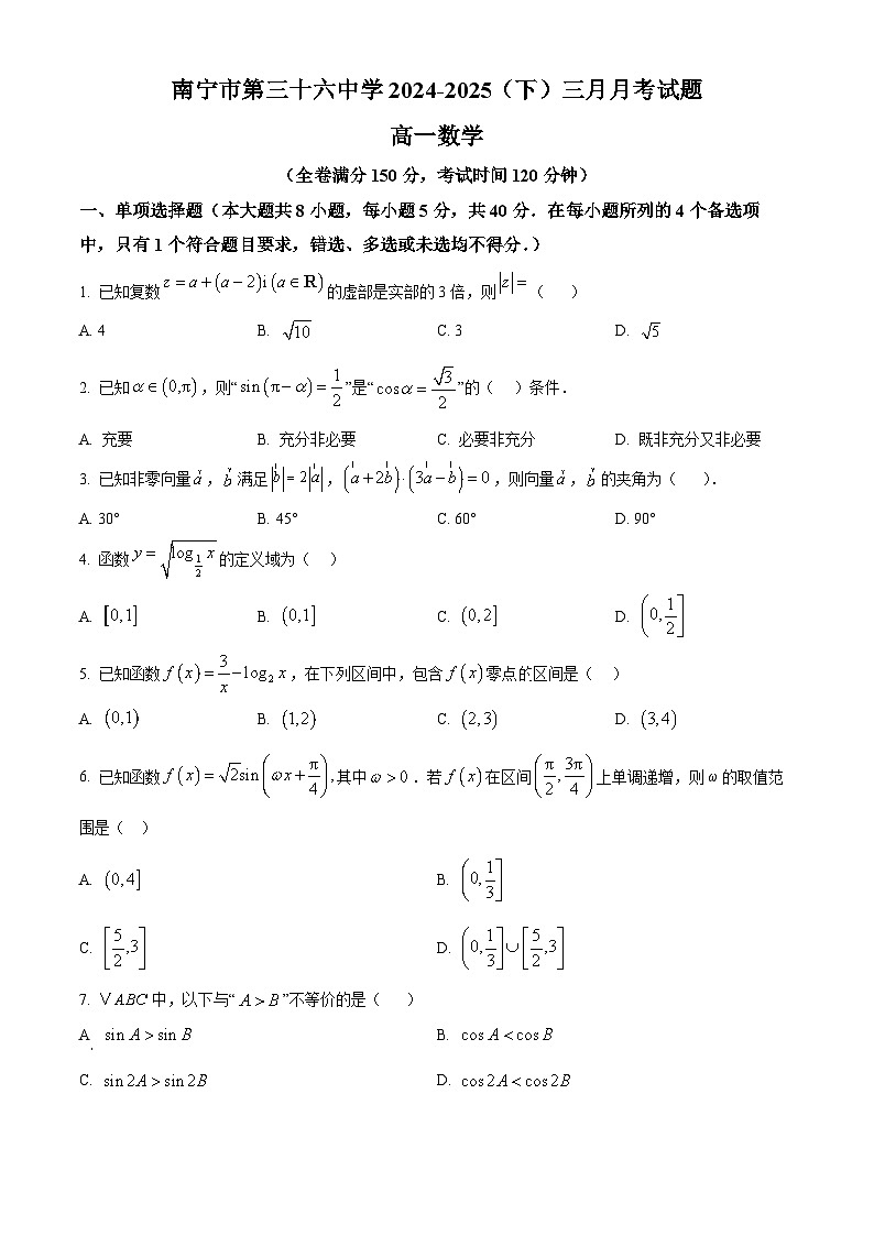 广西南宁市第三十六中学2024-2025学年高一下学期三月月考数学试题（原卷版+解析版）第1页