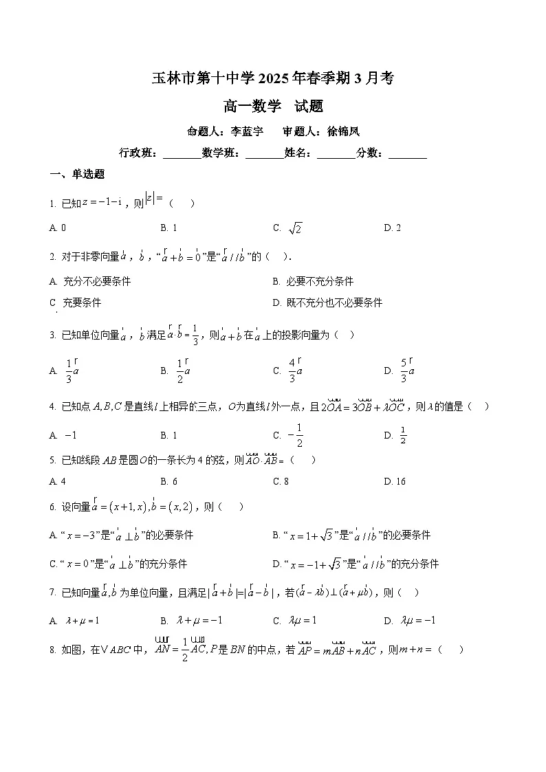 广西玉林市第十中学2024-2025学年高一下学期3月月考数学试题（原卷版+解析版）第1页