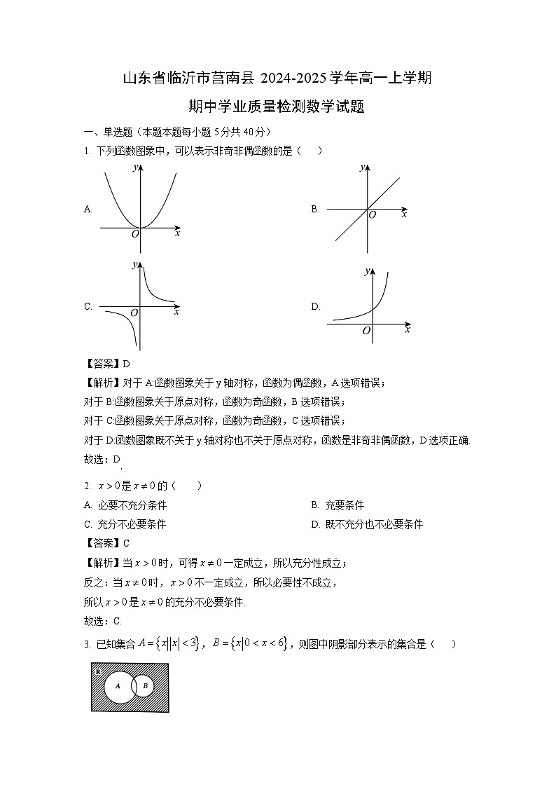 山东省临沂市莒南县2024-2025学年高一上学期阶段性学业质量检测数学试卷（解析版）第1页