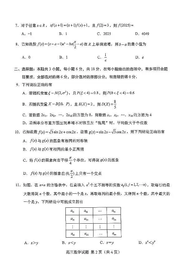山东省菏泽市2025年高三高考模拟第二次模拟-数学试题+答案第2页