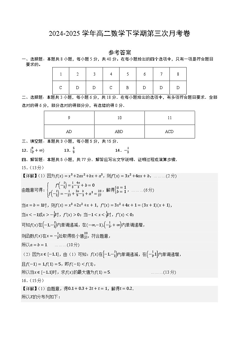 高二数学第三次月考卷（参考答案）第1页