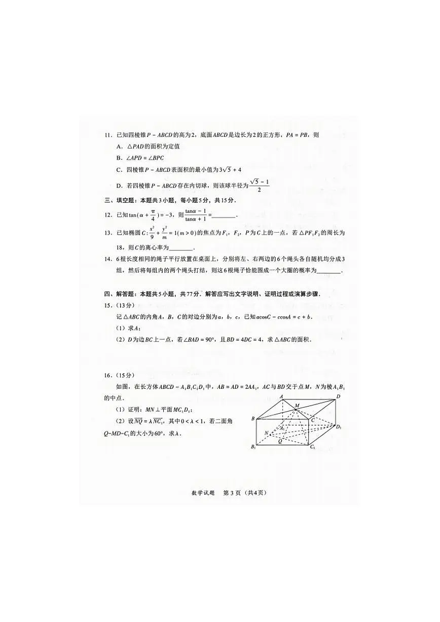 2025年4月福建高三九市联考数学试题（含答案）第3页