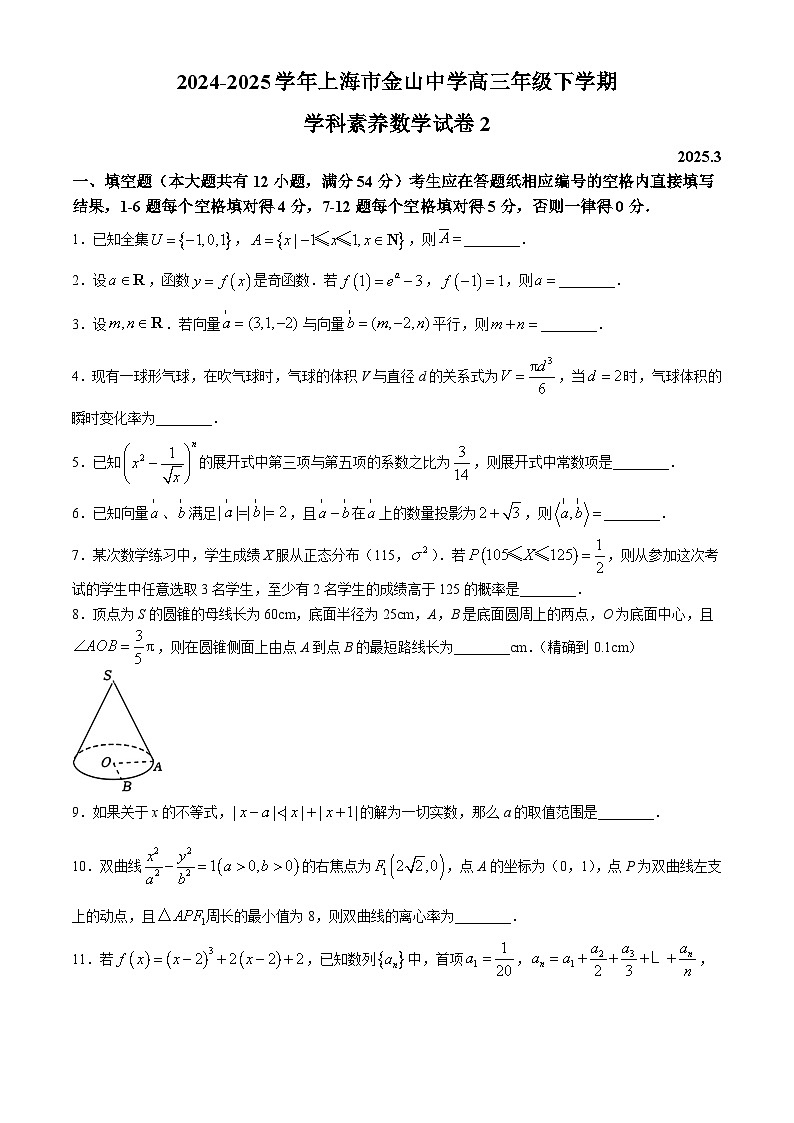 上海市金山中学2024-2025学年高三下学期3月素养测试 数学试卷二（含解析）第1页