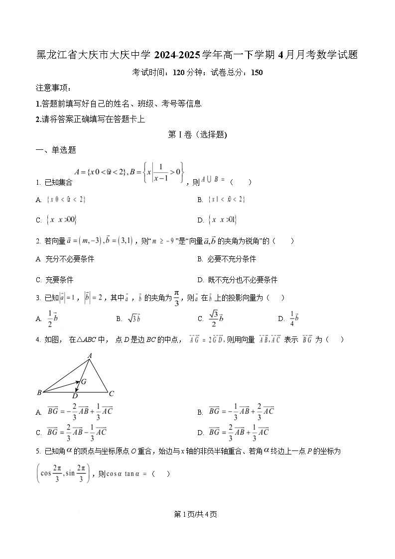黑龙江省大庆市大庆中学2024-2025学年高一下学期4月月考数学试题（原卷版）第1页