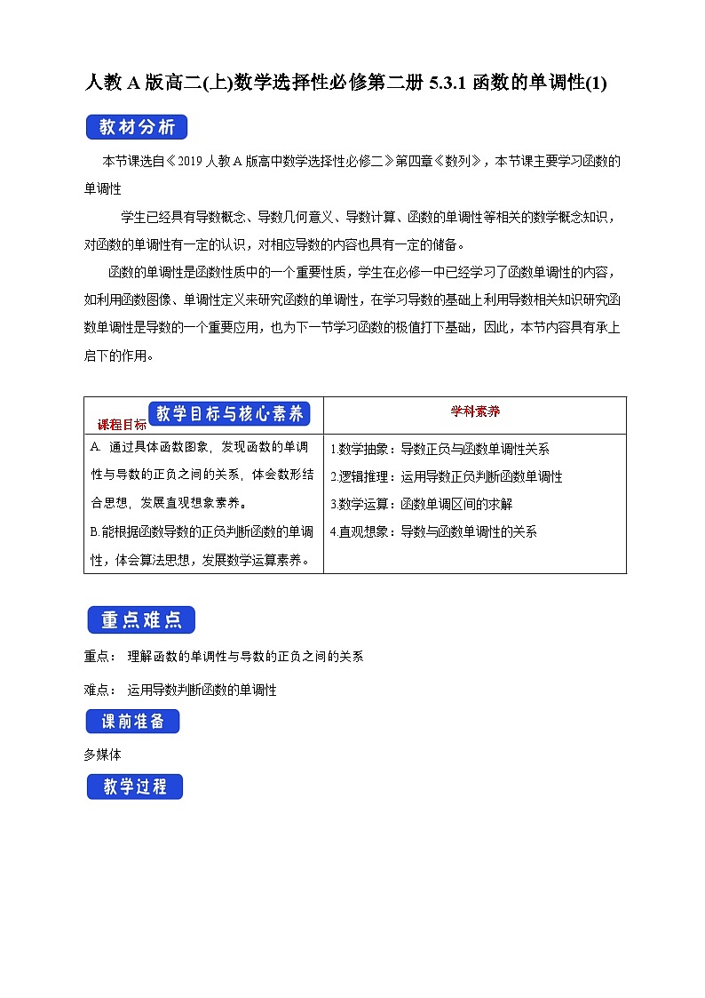 人教A版高二(上)数学选择性必修第二册5.3.1函数的单调性(1) 【教学设计】第1页