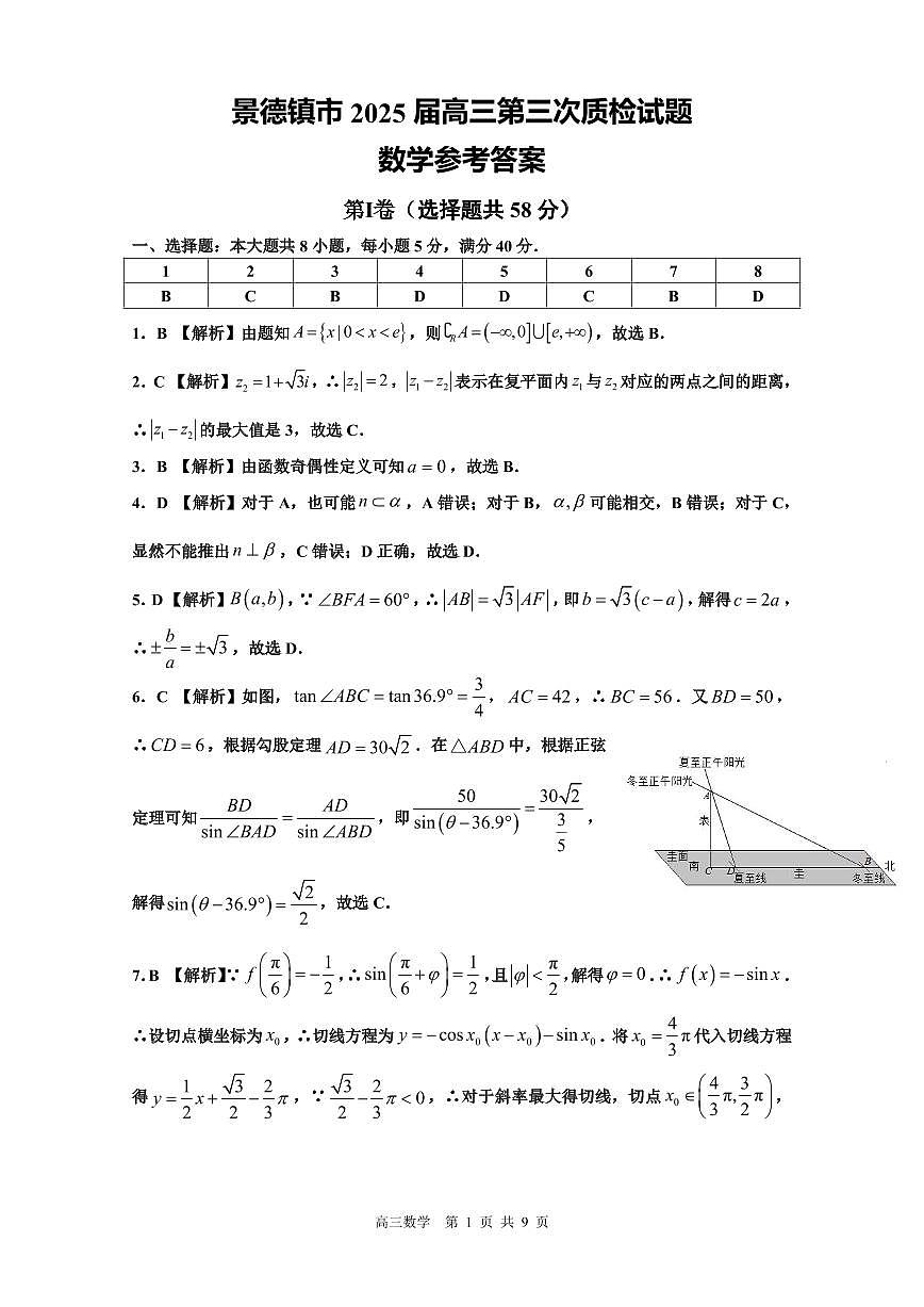 景德镇市 2025 届高三第三次质检试题数学参考答案第1页