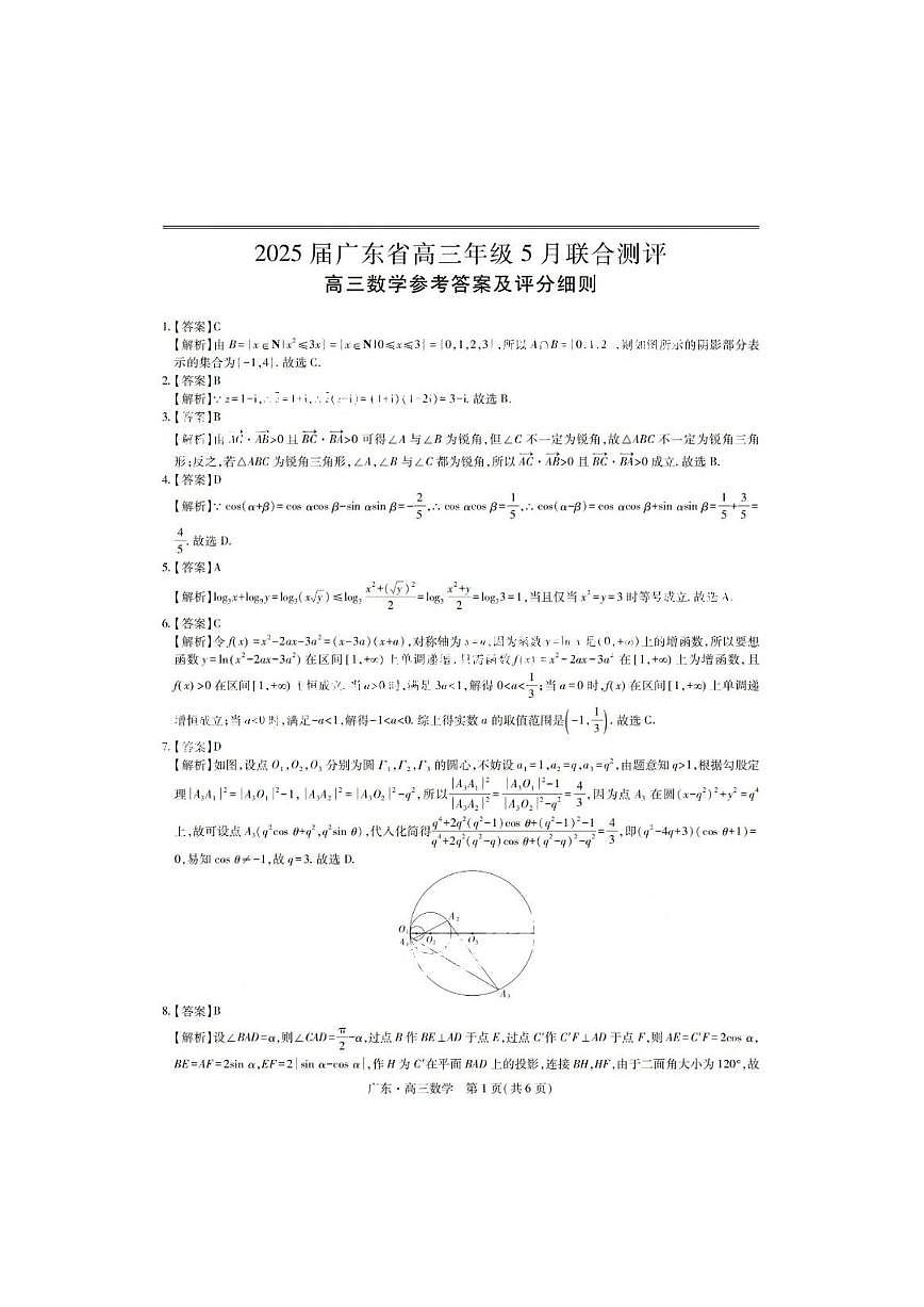 上进联考-2025届广东省高三5月联合测评-数学答案第1页