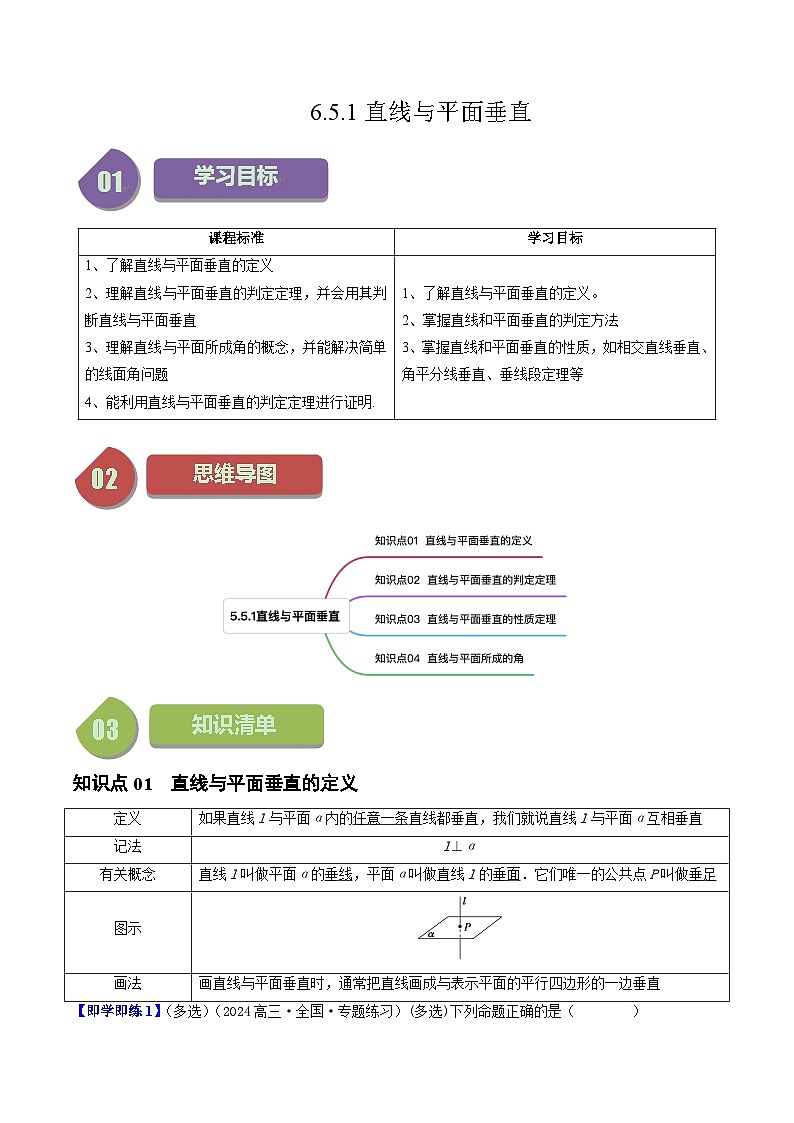 高中数学北师大版讲义（必修二）第35讲6.5.1直线与平面垂直（4知识点+7题型+强化训练）（学生版）第1页