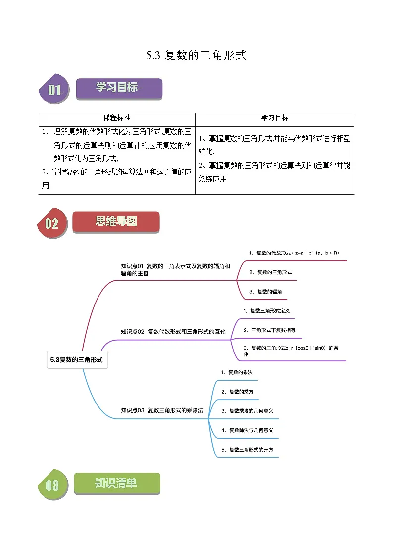 高中数学北师大版讲义（必修二）第27讲5.3复数的三角形式（3知识点+6题型+强化训练）（教师版）第1页