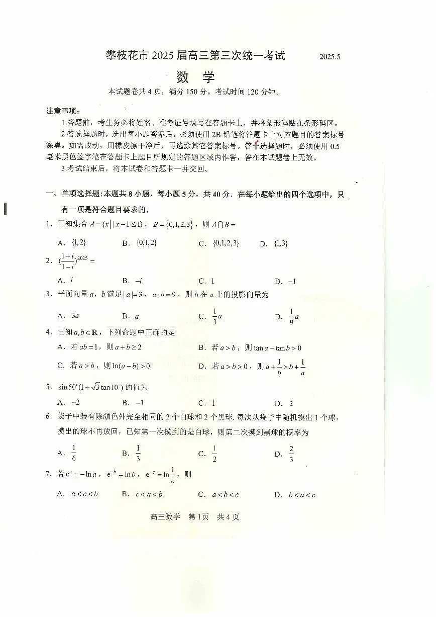 四川省攀枝花市2025届高三高考模拟第三次统一考试-数学试题+答案第1页