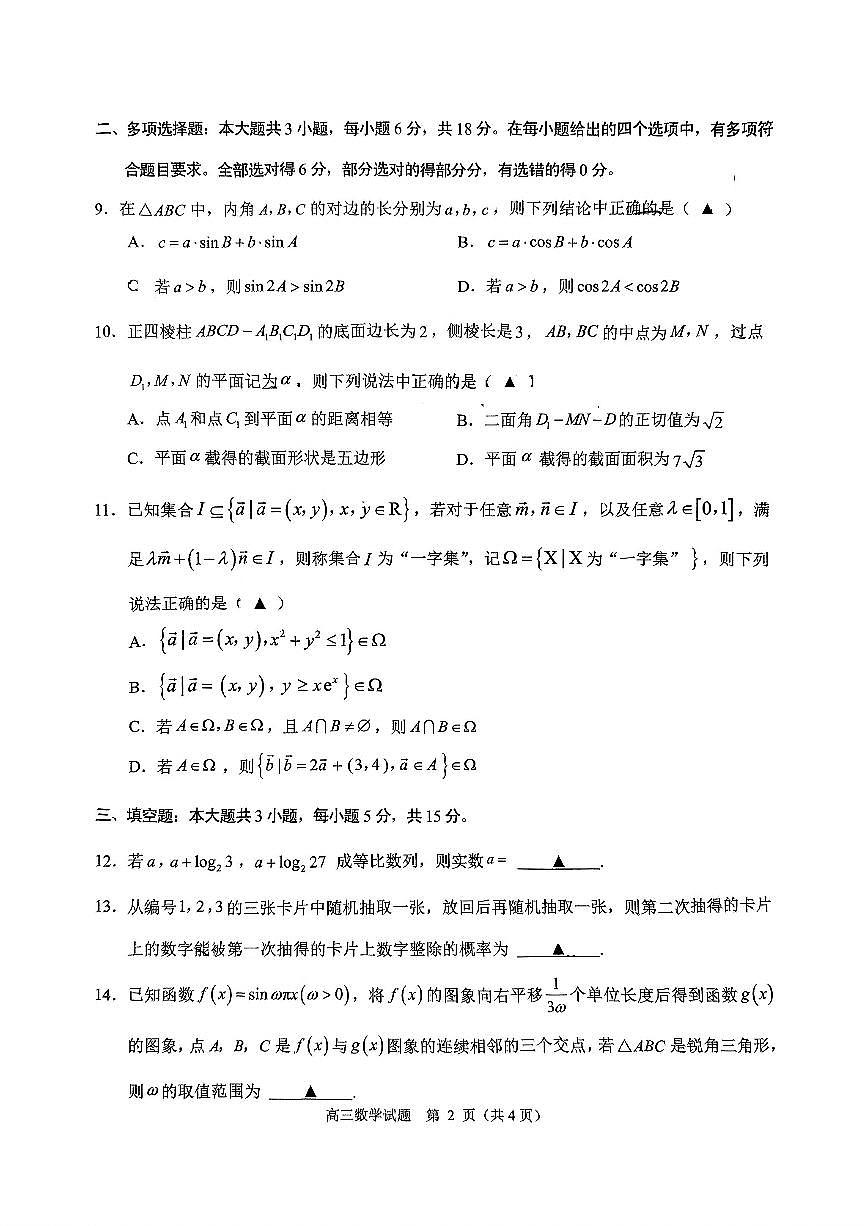 浙江省诸暨市2025年高三高考模拟适应性考试-数学试题+答案第2页
