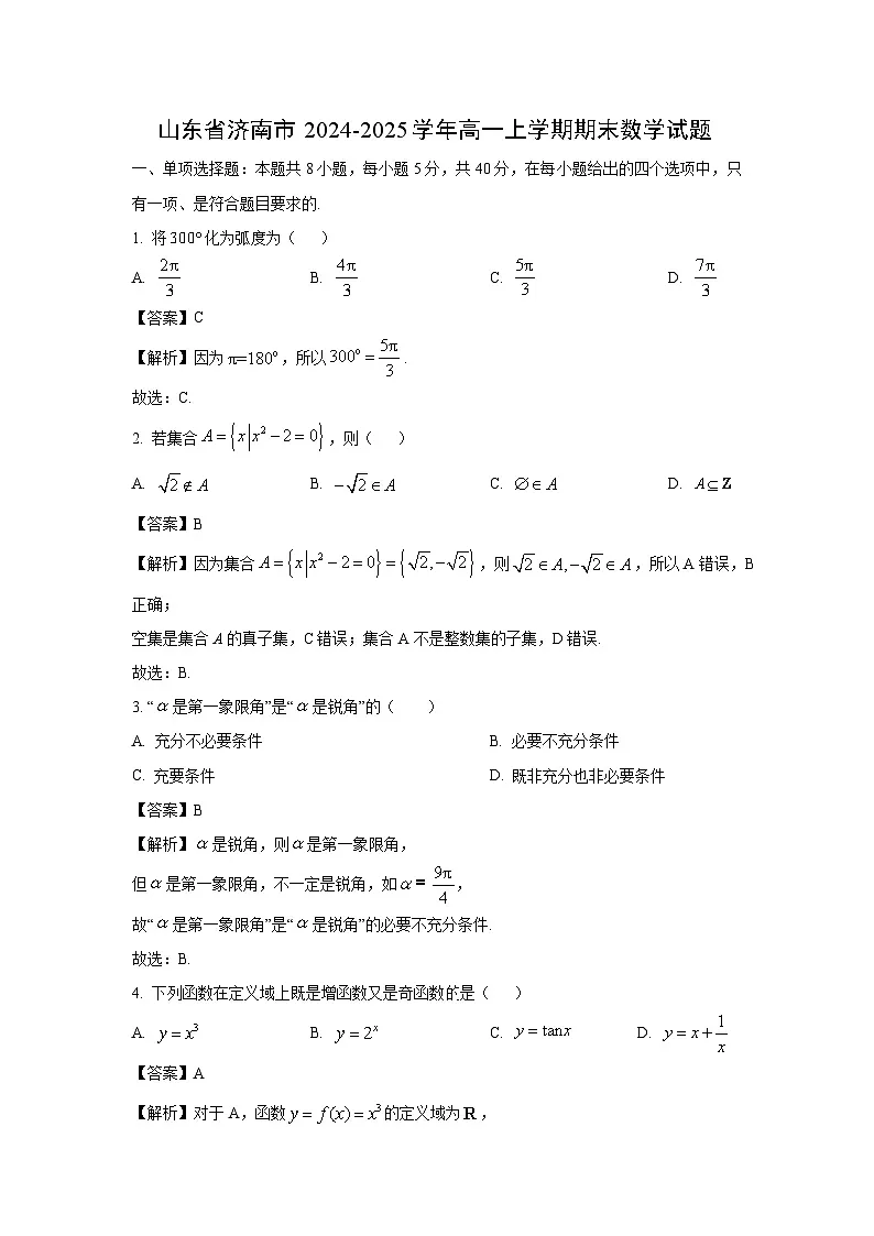 山东省济南市2024-2025学年高一上学期期末数学试题（解析版）第1页