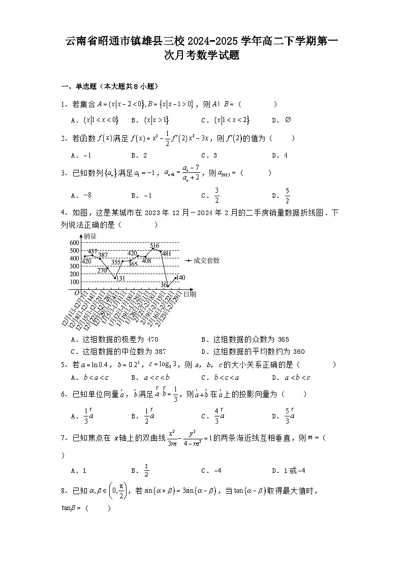 云南省昭通市镇雄县三校2024−2025学年高二下学期第一次月考 数学试题（含解析）第1页