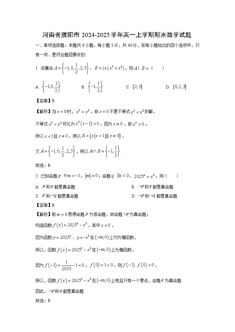 河南省濮阳市2024-2025学年高一上学期期末数学试题（解析版）第1页