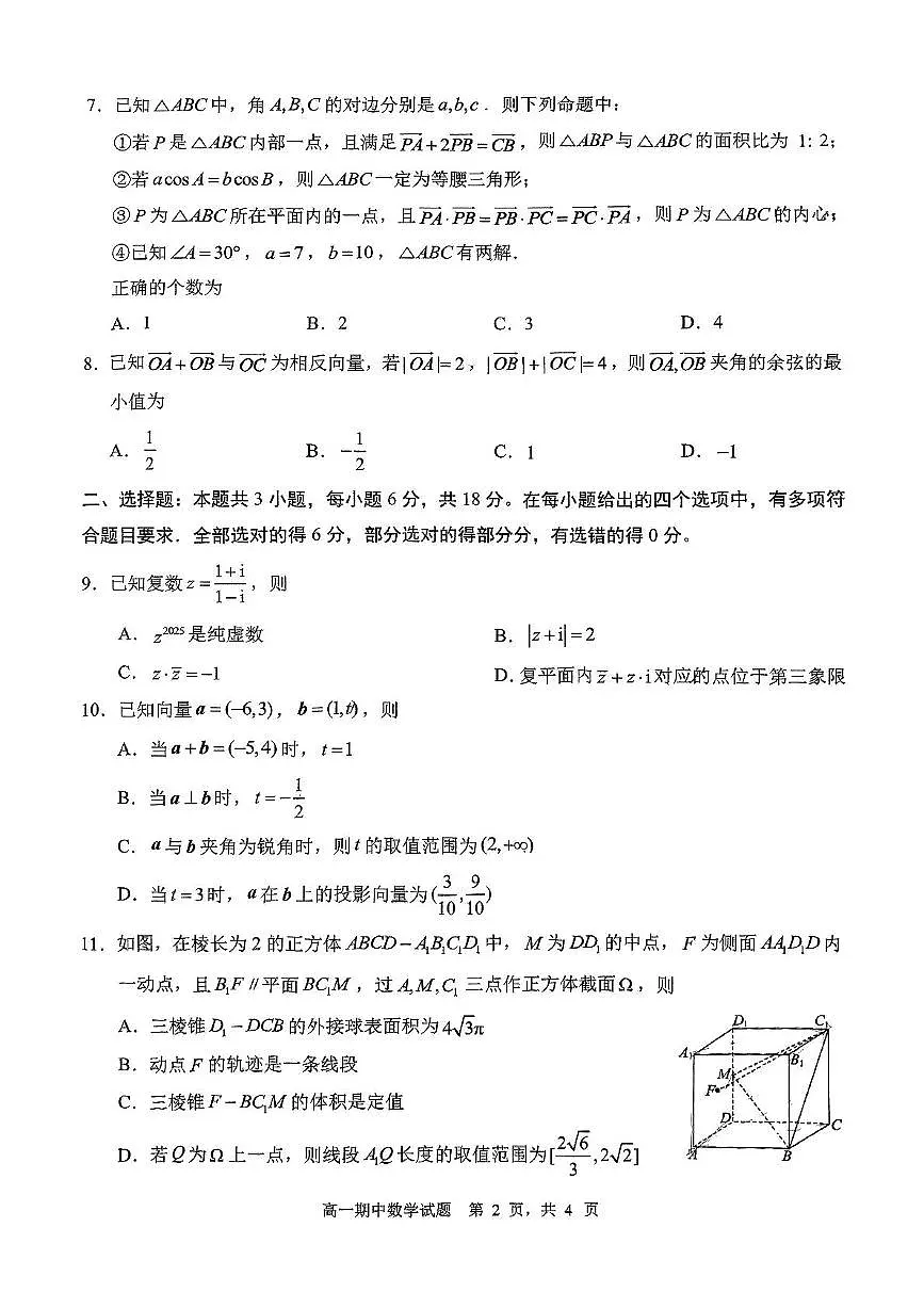 山东省实验中学2024-2025学年高一下学期期中 数学试卷【含答案】第2页
