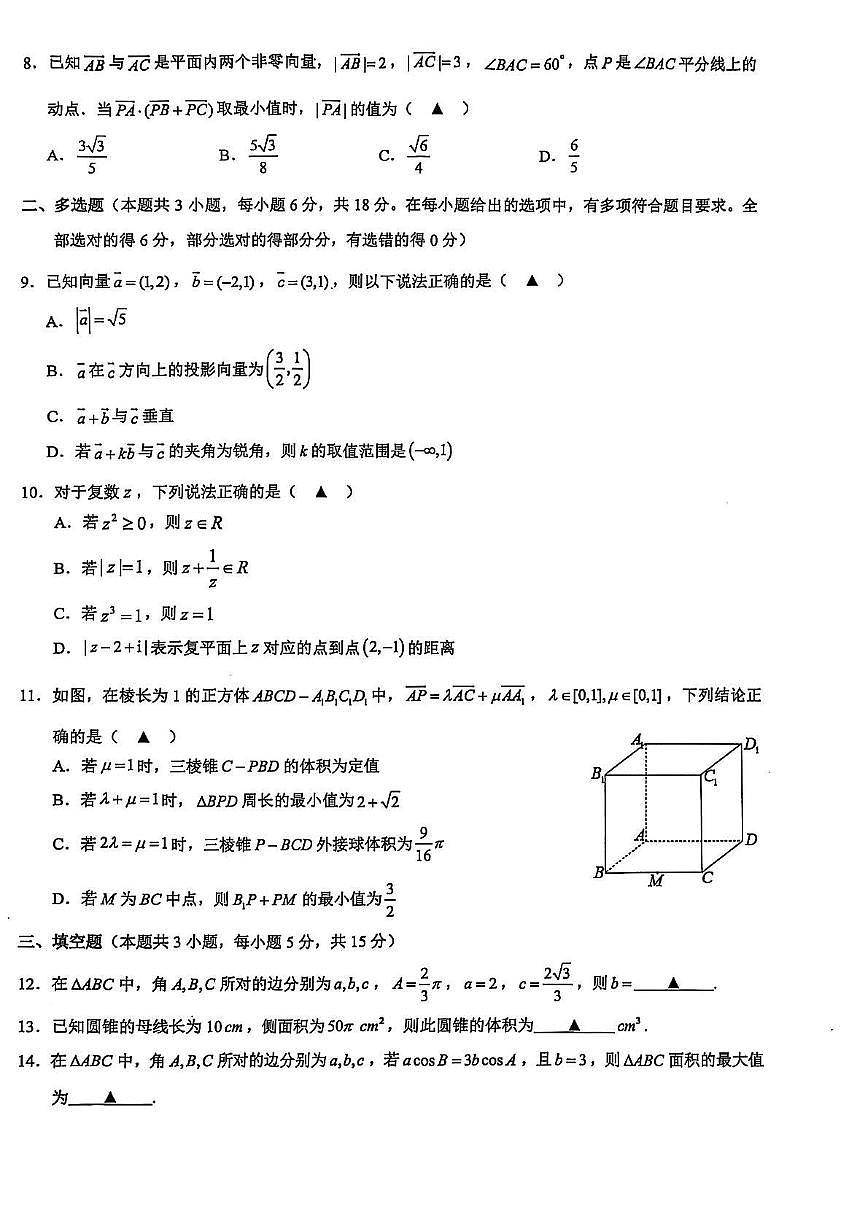 浙江省91联盟2024-2025学年高一下学期4月期中考试 数学试题【含答案】第2页