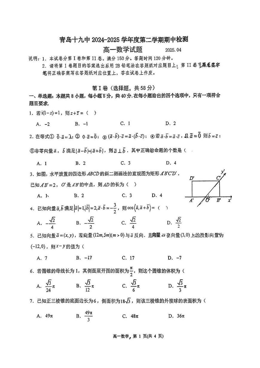 山东省青岛市第十九中学2024-2025学年高一下学期期中考试 数学试卷（含解析）第1页