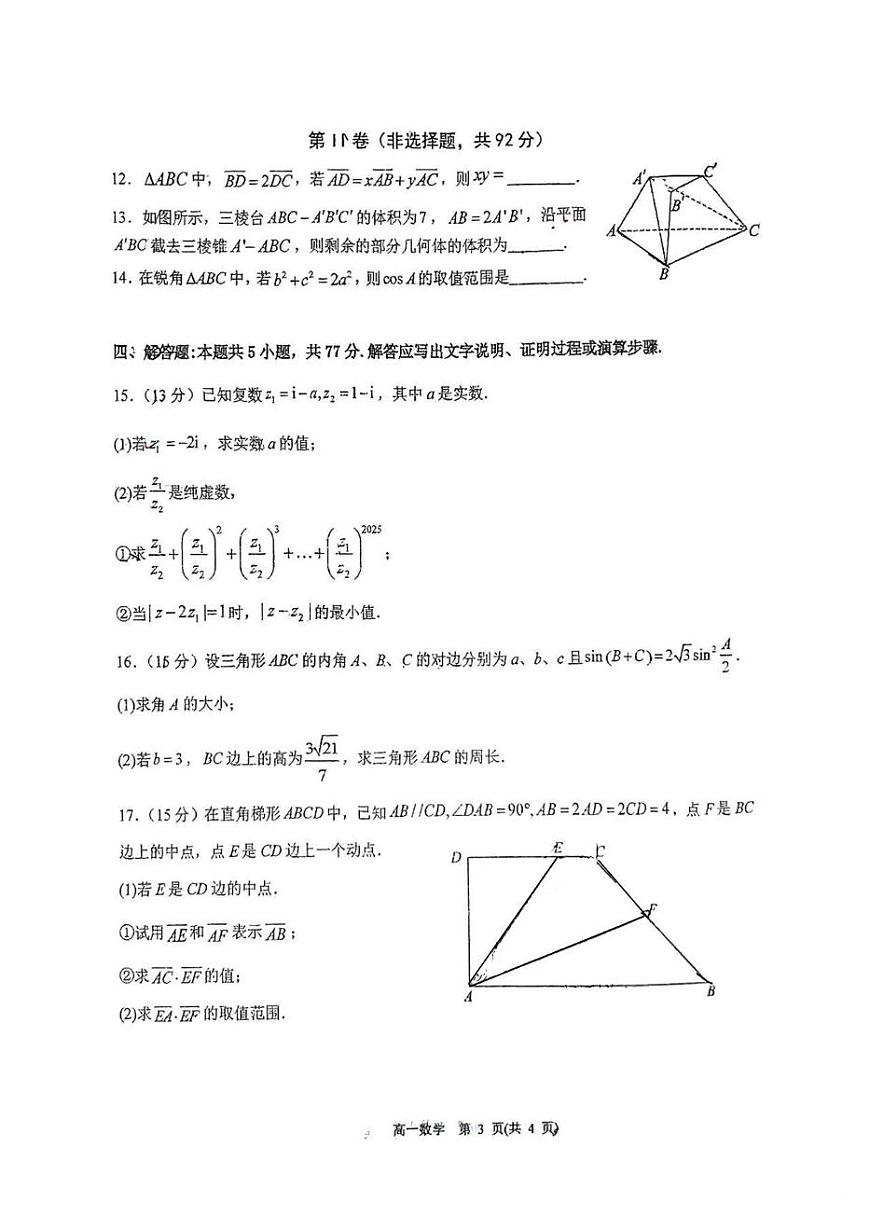 山东省青岛市第十九中学2024-2025学年高一下学期期中考试 数学试卷（含解析）第3页