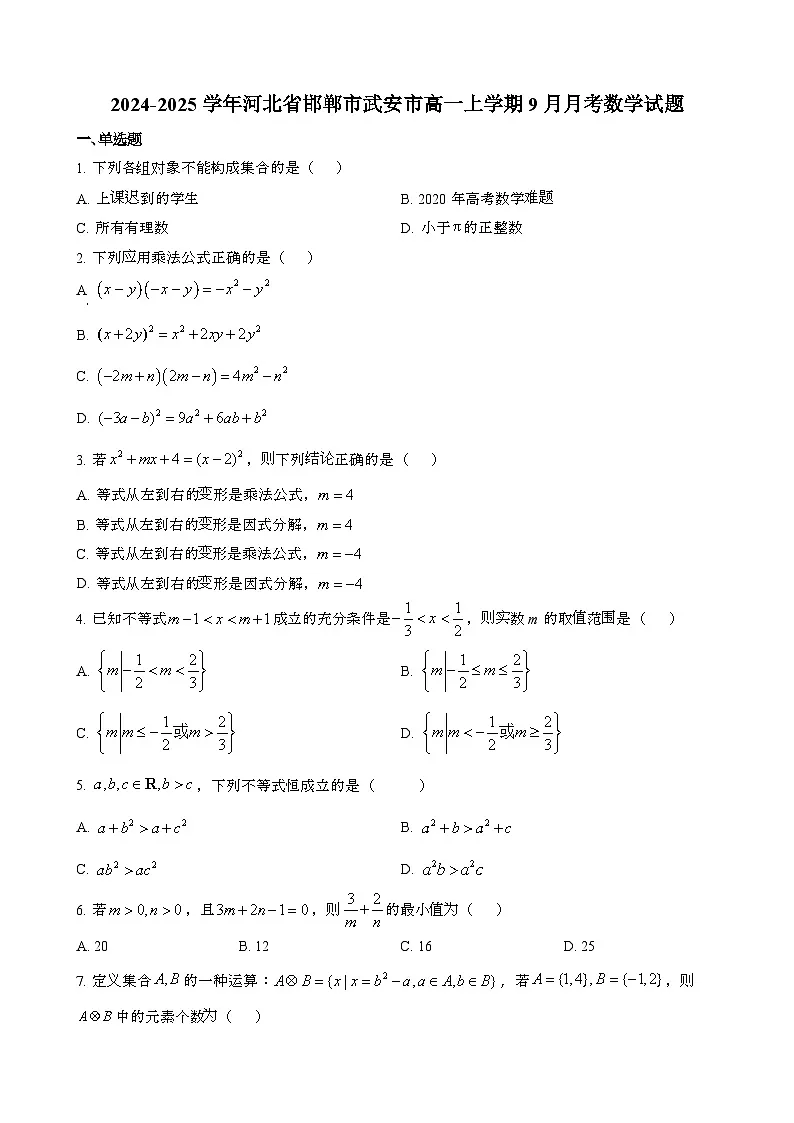 2024~2025学年河北邯郸武安高一第一学期9月月考数学试题[含解析}第1页