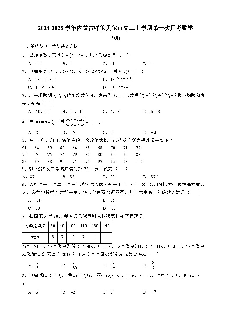 2024~2025学年内蒙古呼伦贝尔高二第一学期第一次月考数学试题[附解析}第1页