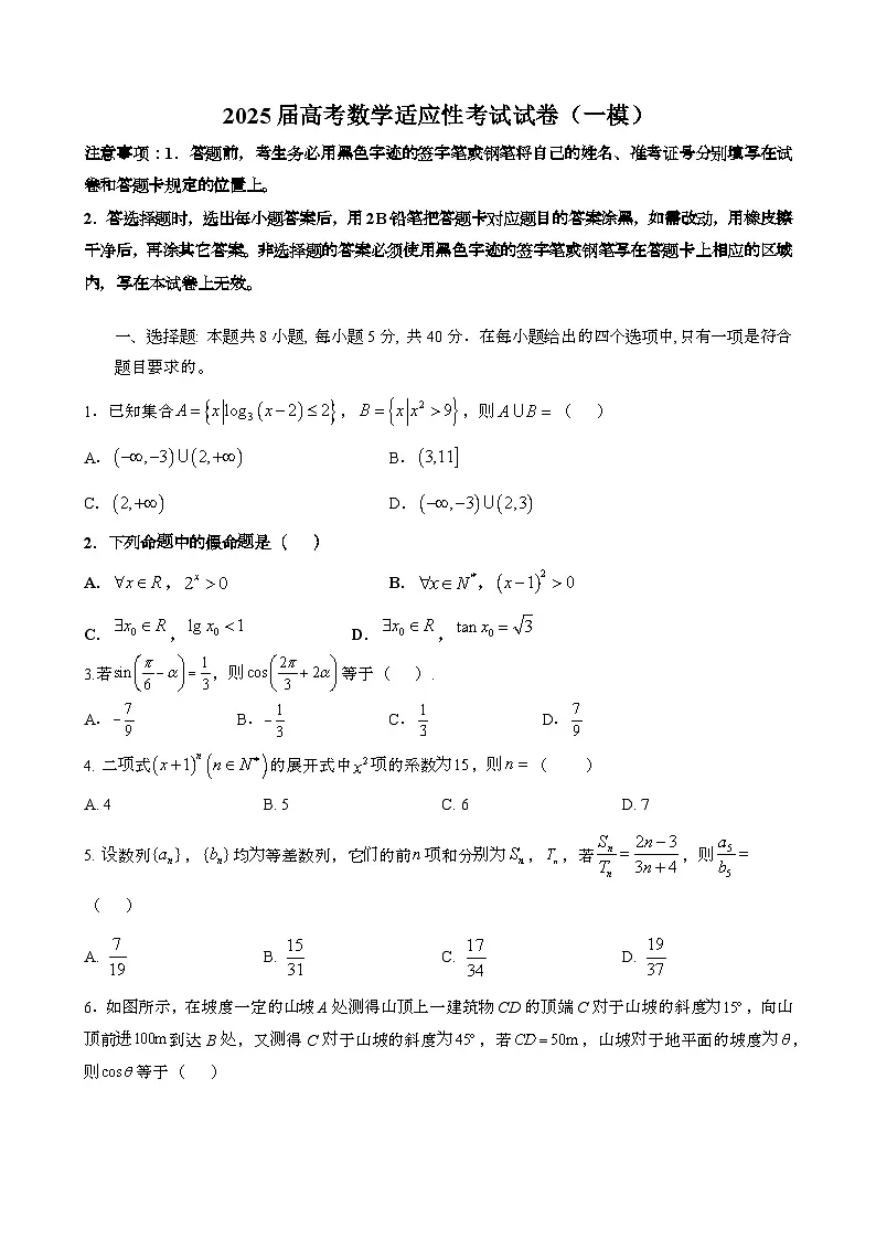2025届 高考数学适应性考试模拟调研试卷[一模}含答案第1页