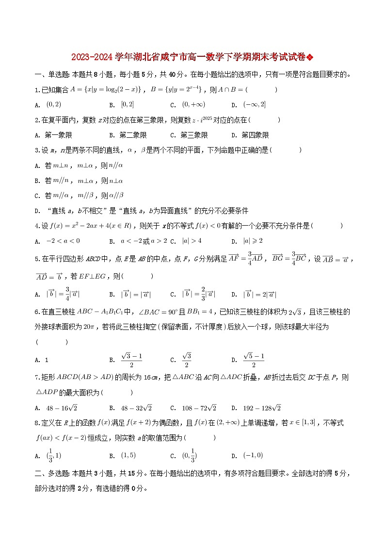湖北省咸宁市2023_2024学年高一数学下学期期末考试试卷第1页