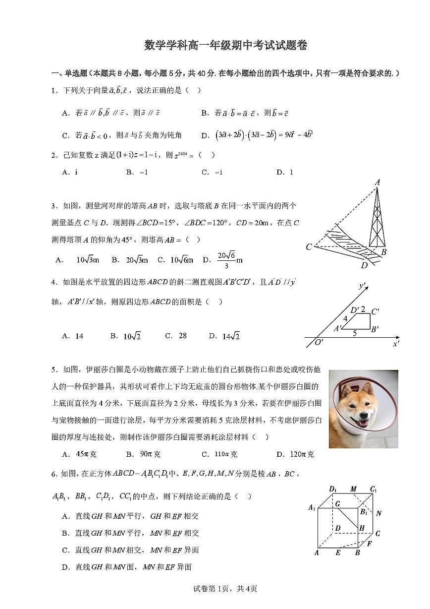 广东省东莞市翰林实验学校2024-2025学年高一下学期期中考试数学试题第1页
