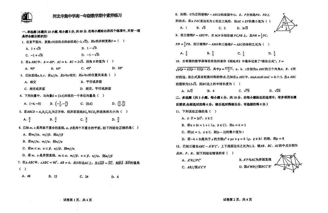 河北省辛集中学2024-2025学年高一下学期期中素养练习数学试题第1页