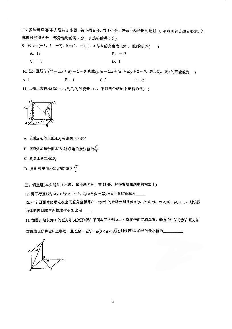 广东省阳江市第一中学2024-2025学年高二上学期11月月考数学试题第2页