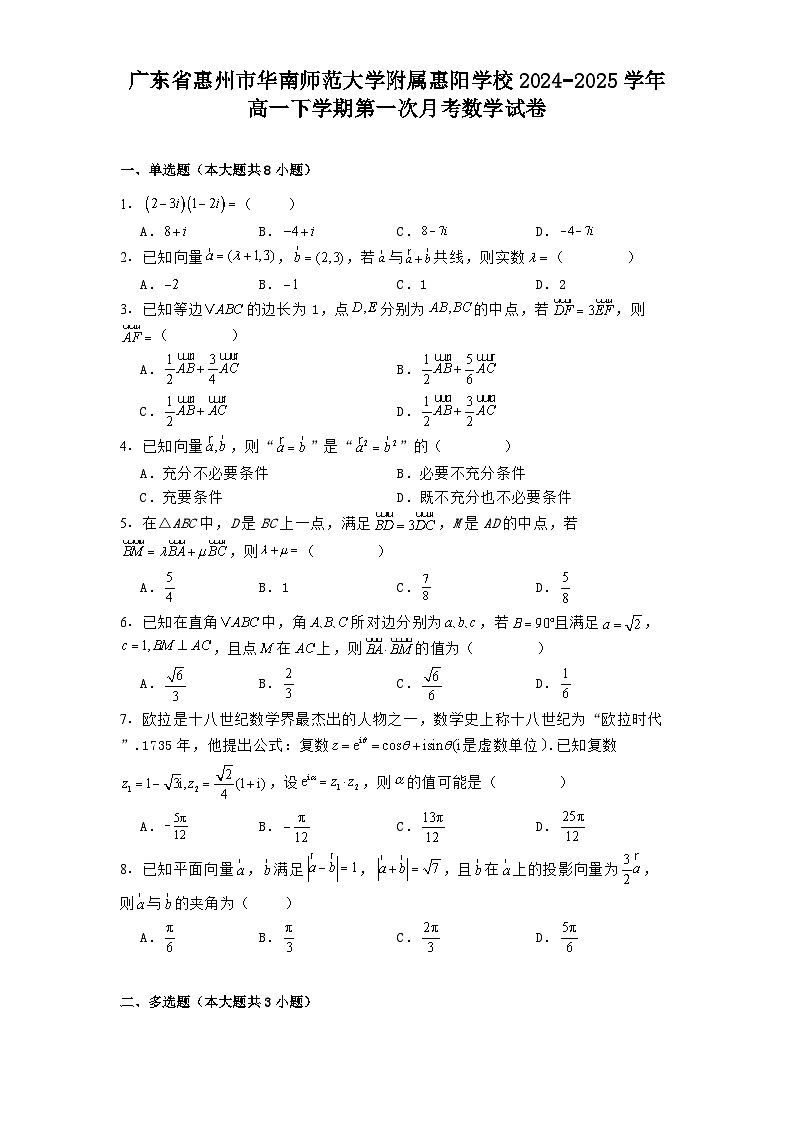 广东省惠州市华南师范大学附属惠阳学校2024−2025学年高一下学期第一次月考 数学试卷（含解析）第1页