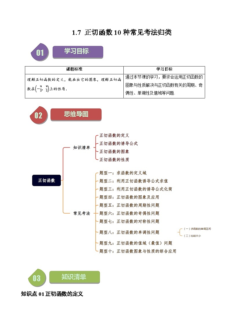 高中数学北师大版讲义（必修二）第07讲1.7正切函数10种常见考法归类（学生版）第1页