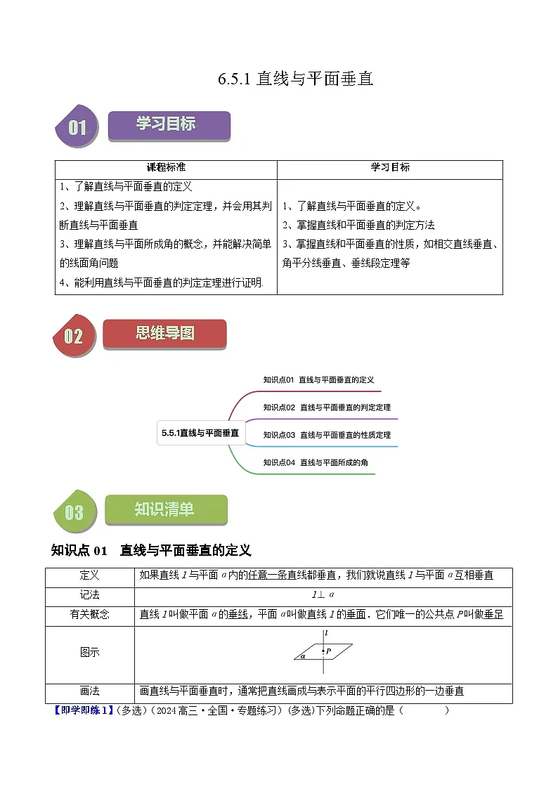 高中数学北师大版讲义（必修二）第35讲6.5.1直线与平面垂直（4知识点+7题型+强化训练）（学生版）第1页