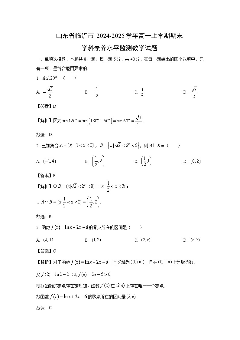 山东省临沂市2024-2025学年高一上学期期末学科素养水平监测数学试题（解析版）第1页