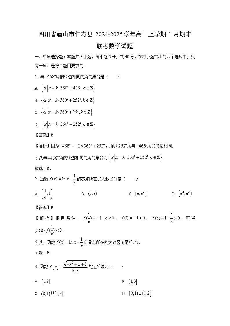 四川省眉山市仁寿县2024-2025学年高一上学期1月期末联考数学试卷（解析版）第1页