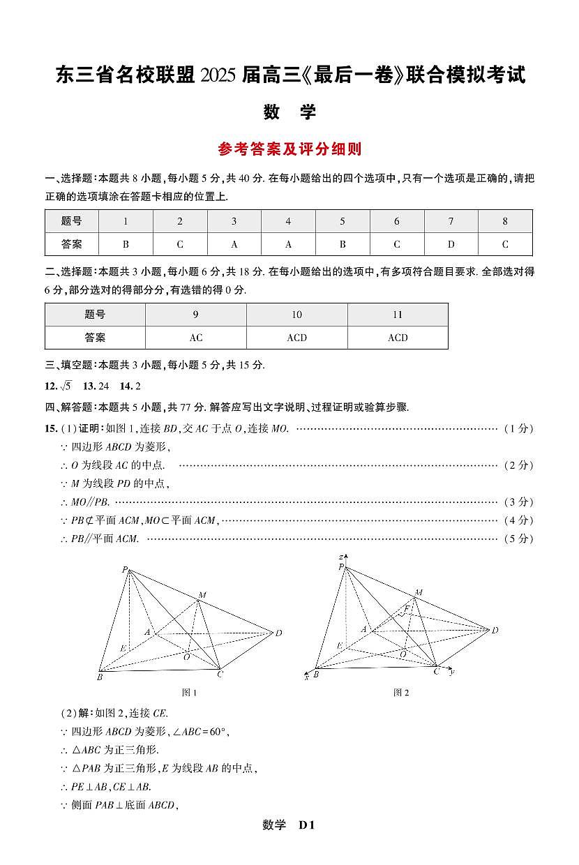 东三省名校联盟2025届高三最后一卷联合模拟考试数学试题答案第1页