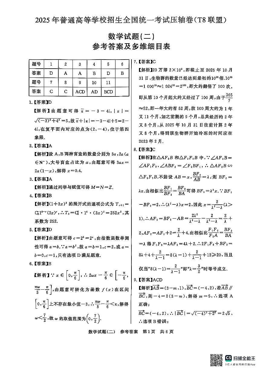 T8联盟——数学（二答案）第1页