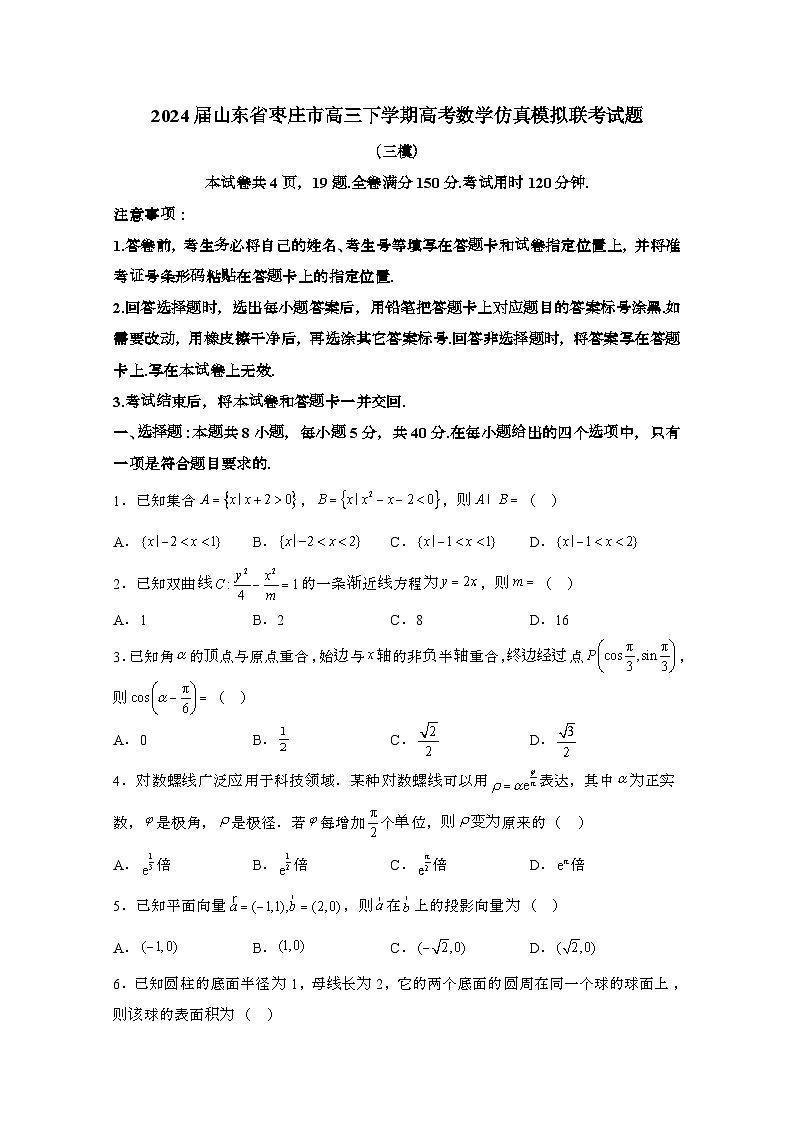 2024届 山东枣庄高三第二学期高考数学仿真模拟联考试题(三模)带解析第1页