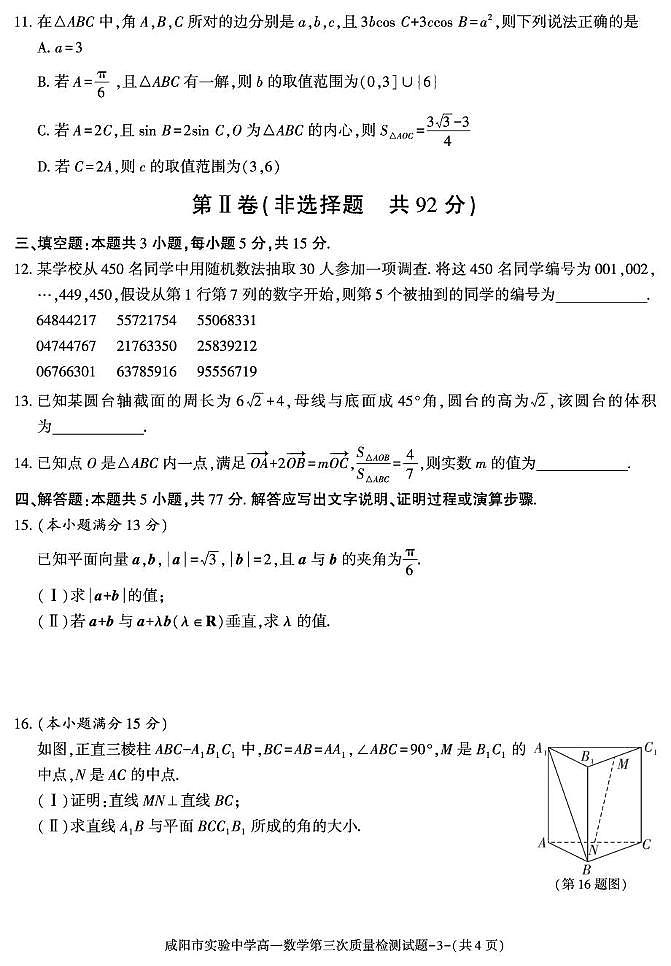 陕西省咸阳市实验中学2024-2025学年高一下学期第三次质量检测数学试卷第3页