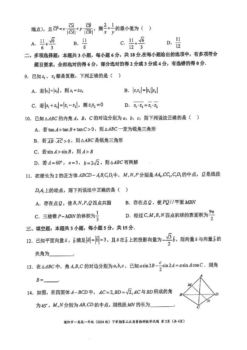 河南省濮阳市华龙区濮阳市第一高级中学2024-2025学年高一下学期5月月考数学试题第2页