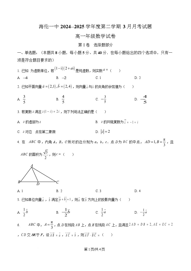 黑龙江省绥化市海伦市第一中学2024-2025学年高一下学期3月月考数学试卷（原卷版）第1页