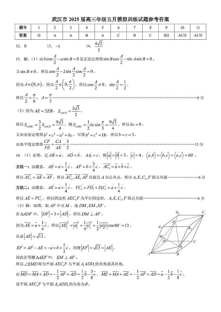 湖北省武汉市五月模拟训练2025届高三数学答案第1页