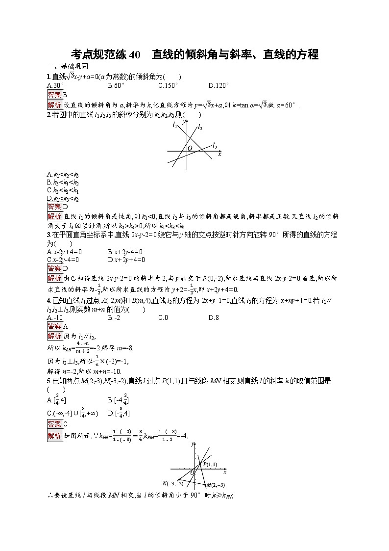 2026届高三数学一轮复习课后习题考点规范练40  直线的倾斜角与斜率、直线的方程（Word版附解析）第1页