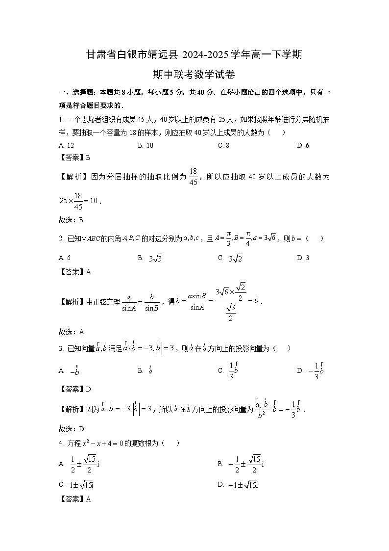 甘肃省白银市靖远县2024-2025学年高一下学期期中联考数学试卷（解析版）第1页
