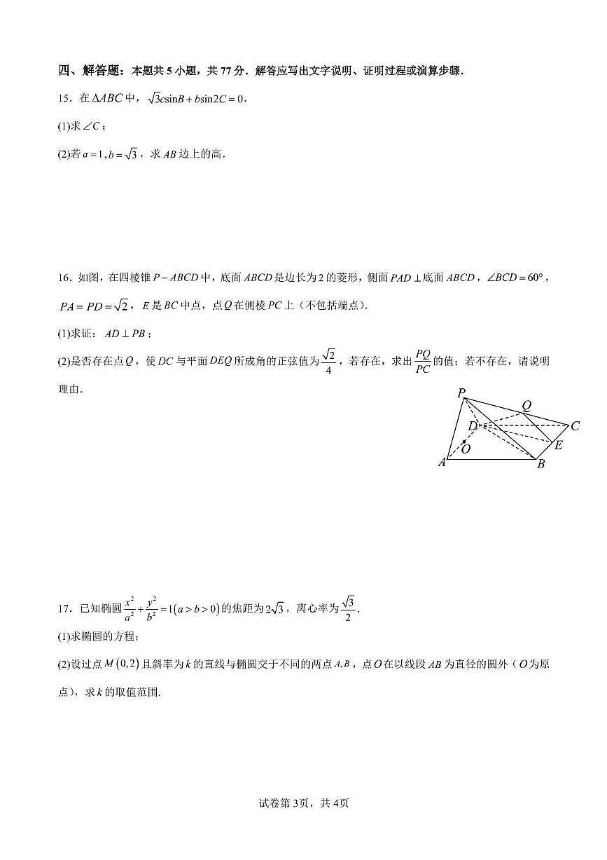 广东省深圳市高级中学高中园2025届高三下学期高考适应性考试数学试题（含答案）第3页