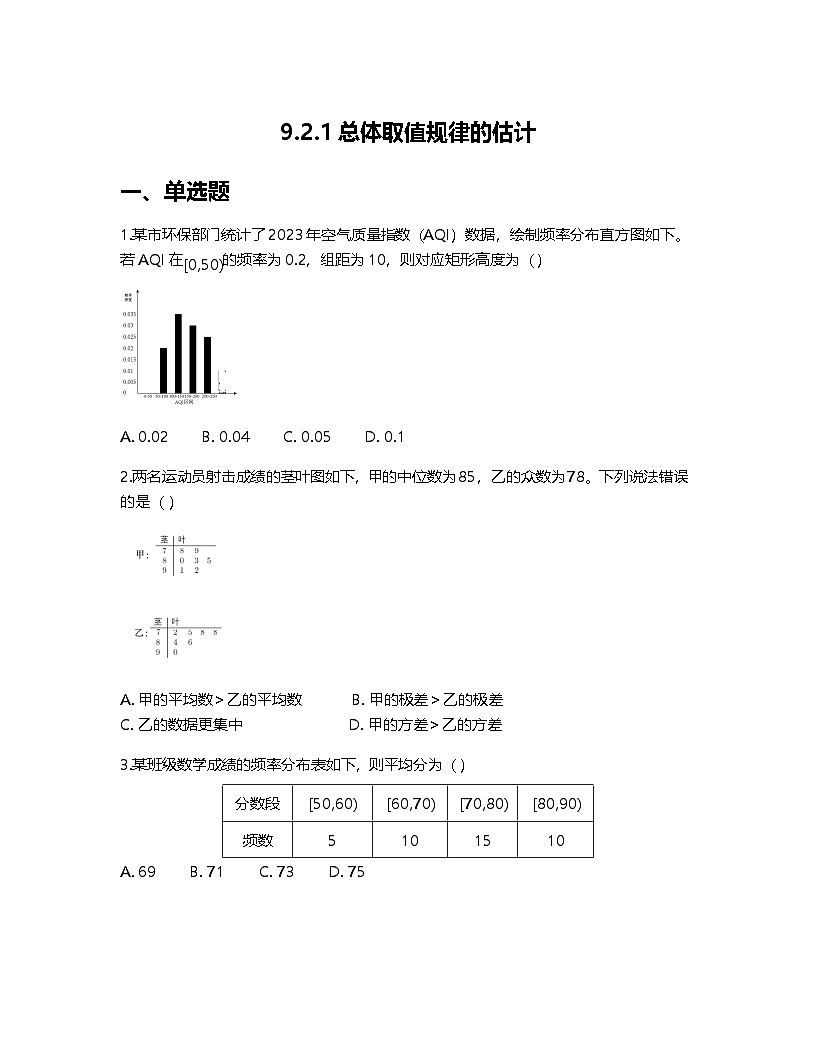 人教A版高中数学必修第二册基础练习作业及答案-第九章9.2.1总体取值规律的估计第1页