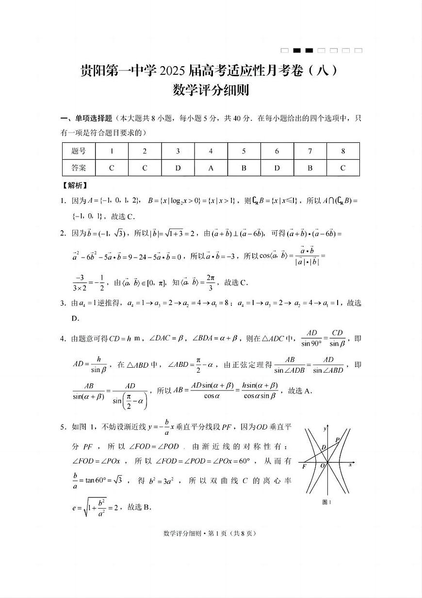 贵州省贵阳第一中学2025届高考适应性月考卷（八）数学答案第1页